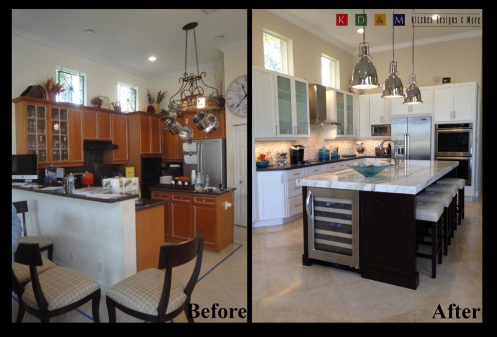 Split kitchen before-and-after: cluttered dark wood kitchen transformed into bright white modern kitchen.