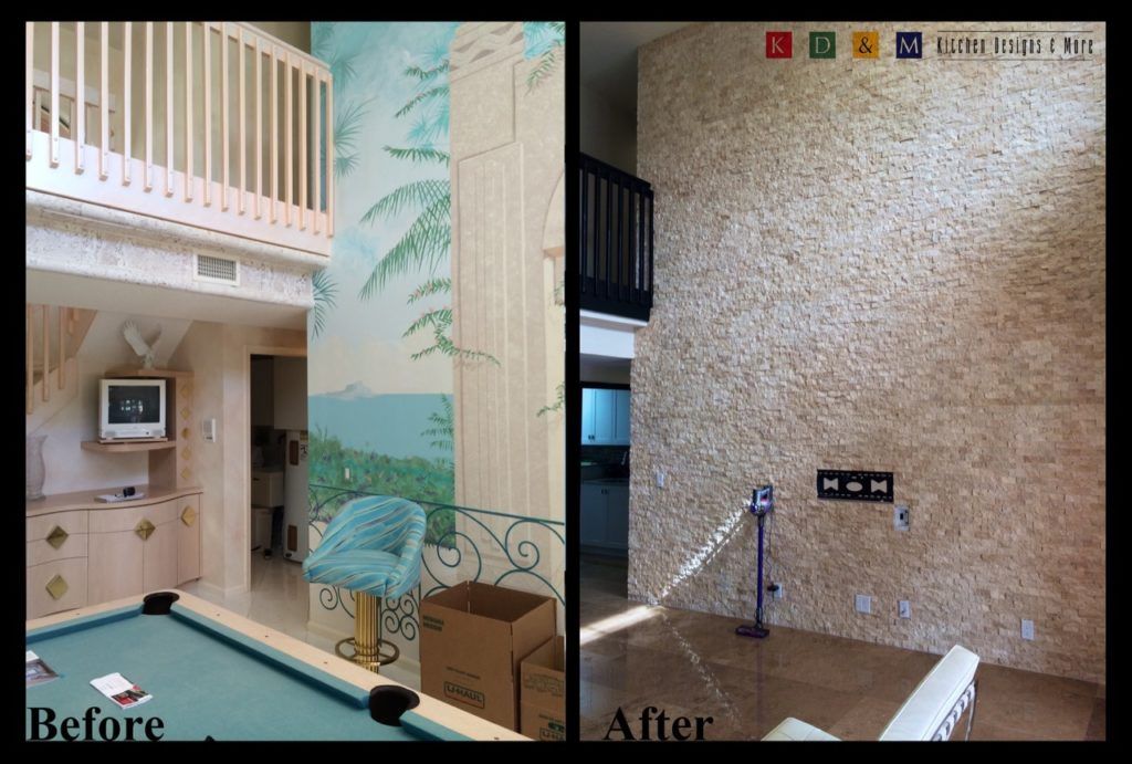 Before-and-after view of an indoor wall mural transformed into a textured beige wall and outlet installation
