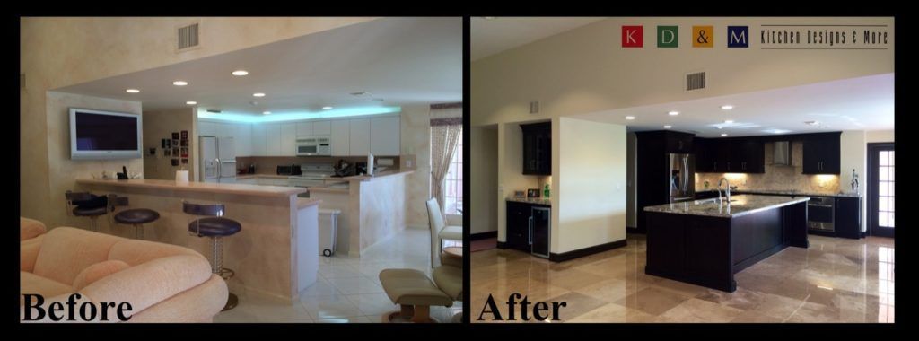 Before-and-after kitchen renovation: bright white kitchen on the left, dark modern kitchen on the right.