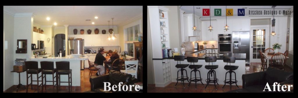 Split-view kitchen before-and-after renovation with white cabinets, island, and bar stools.
