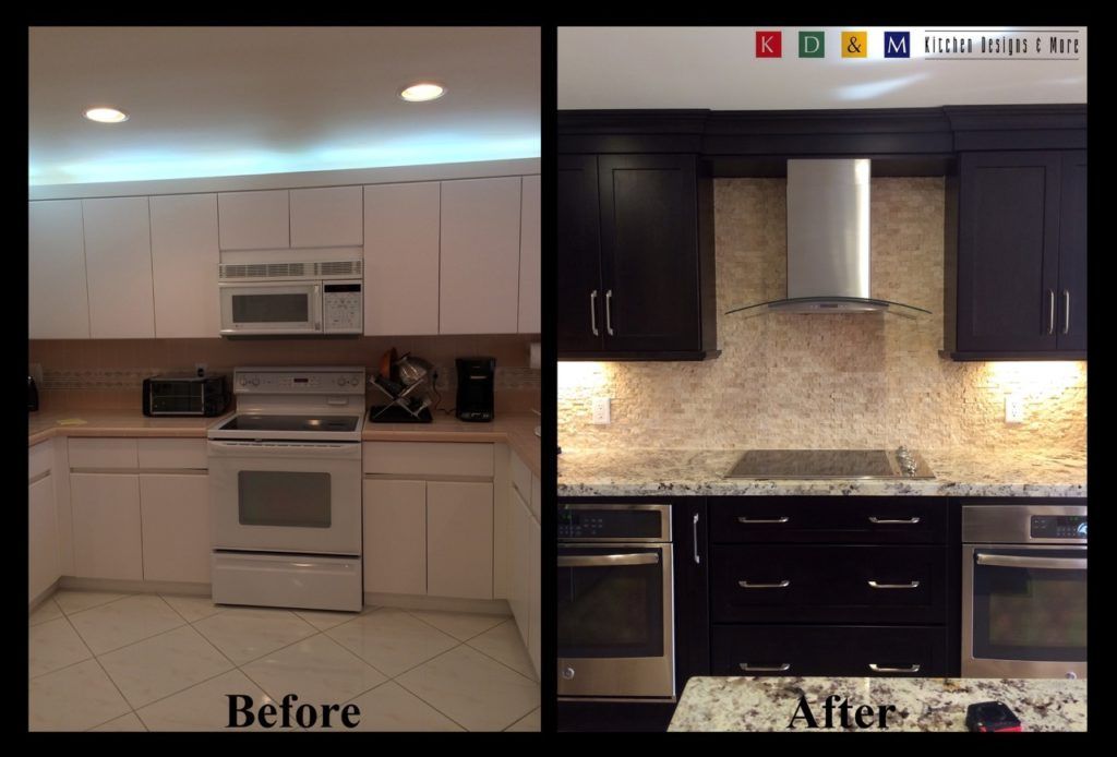 Before-and-after kitchen makeover: old white kitchen on left, modern dark cabinetry and stainless hood on right