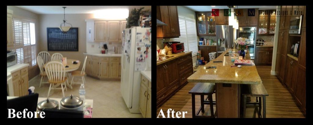 Before-and-after kitchen dining area: bright white cluttered room beside a warm, tidy wood kitchen.