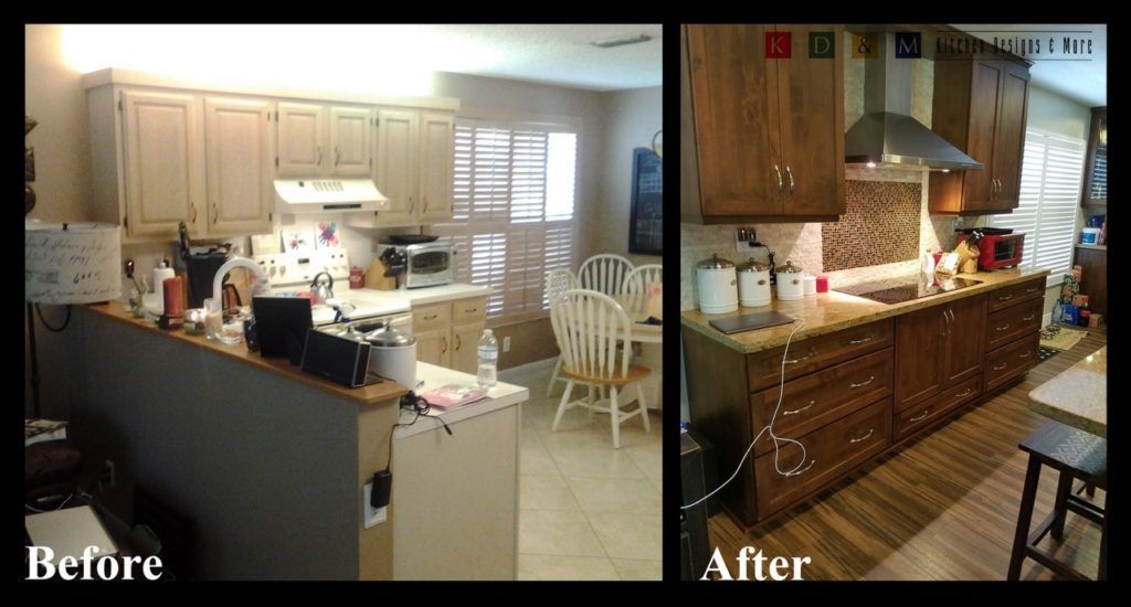 Before-and-after kitchen renovation: old beige cabinets and cluttered counters beside a warmer wood kitchen.