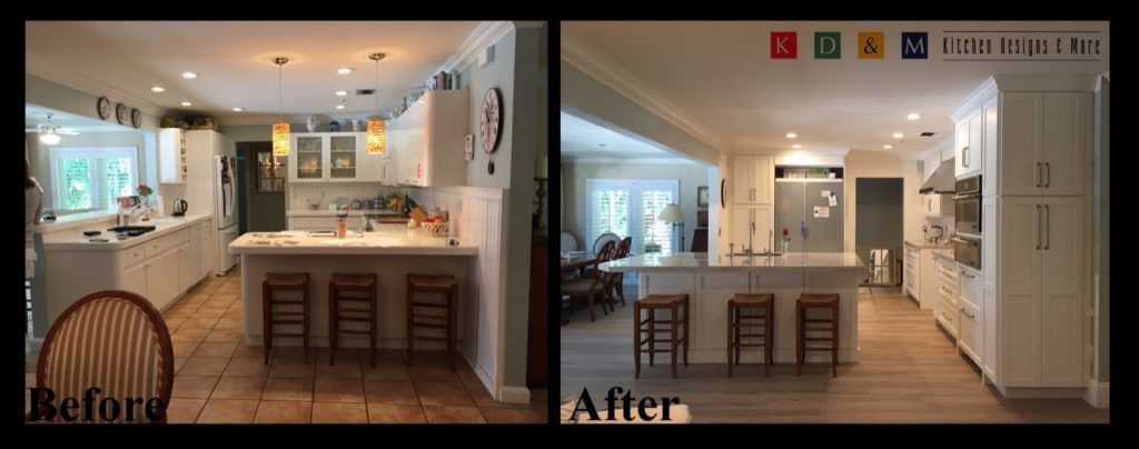 Before-and-after view of a kitchen remodel with island, cabinets, and updated lighting.