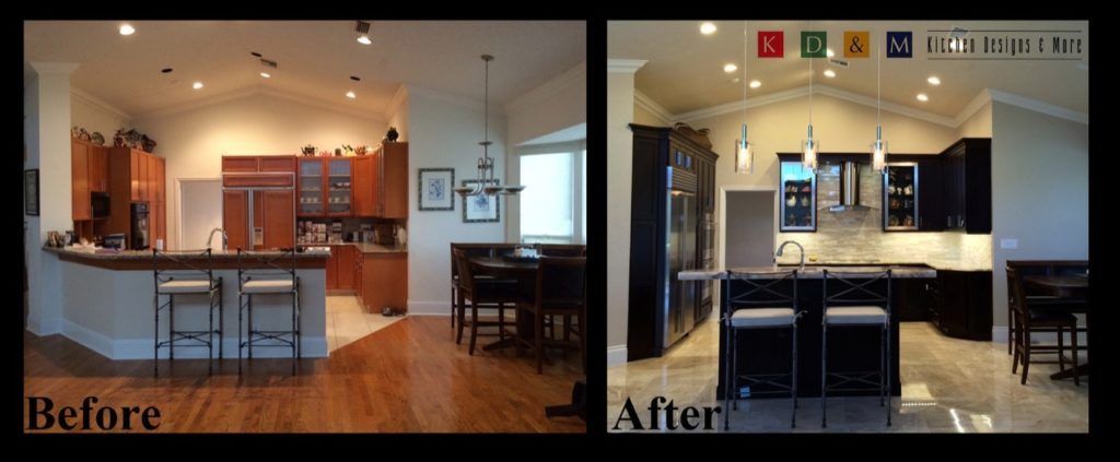 Before-and-after kitchen view: warm wood cabinets changed to a dark, modern remodel.