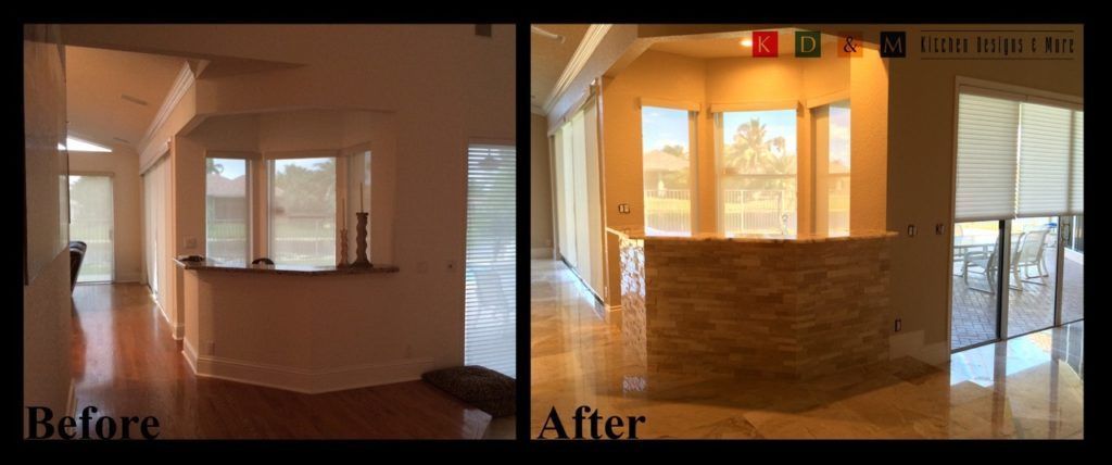 Before-and-after view of a living room with warm lighting, white walls, and a brick fireplace area