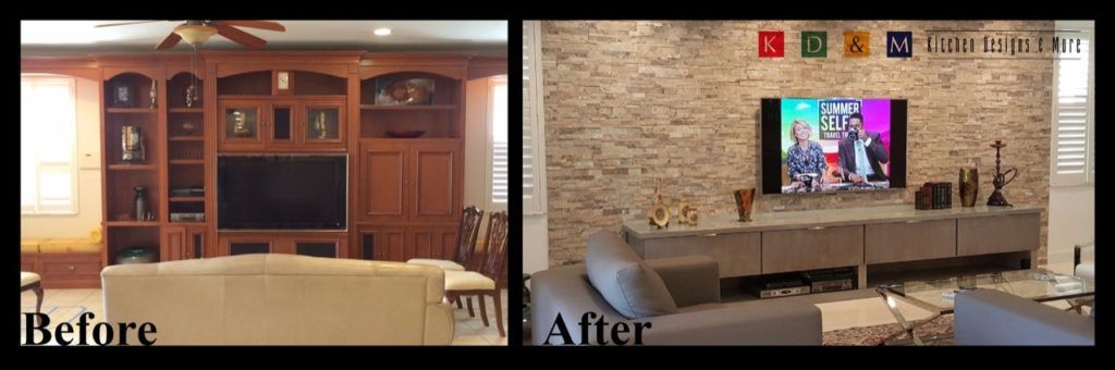 Before-and-after living room media wall: wood cabinetry replaced by a stone accent wall with TV and shelves.