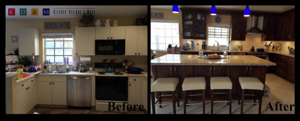 Split-screen kitchen before and after remodel, showing brighter counters, island, and pendant lights.