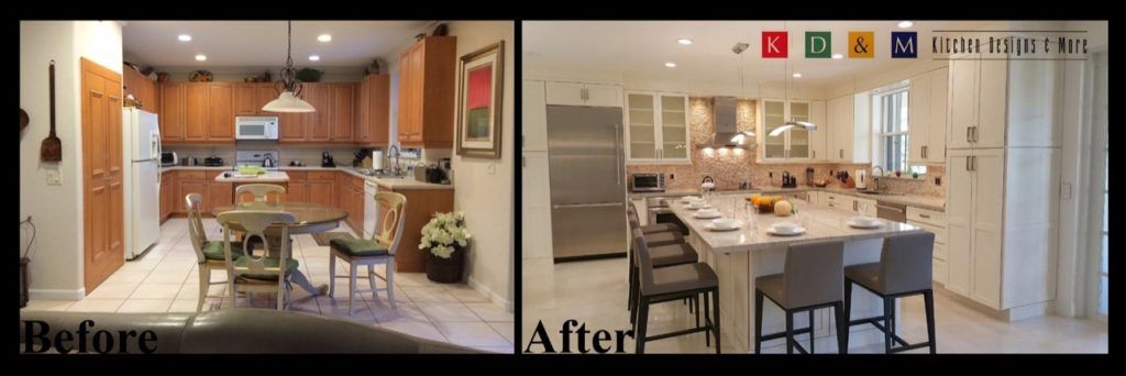 Split-screen kitchen before-and-after remodel with updated white cabinets, island, and dining area