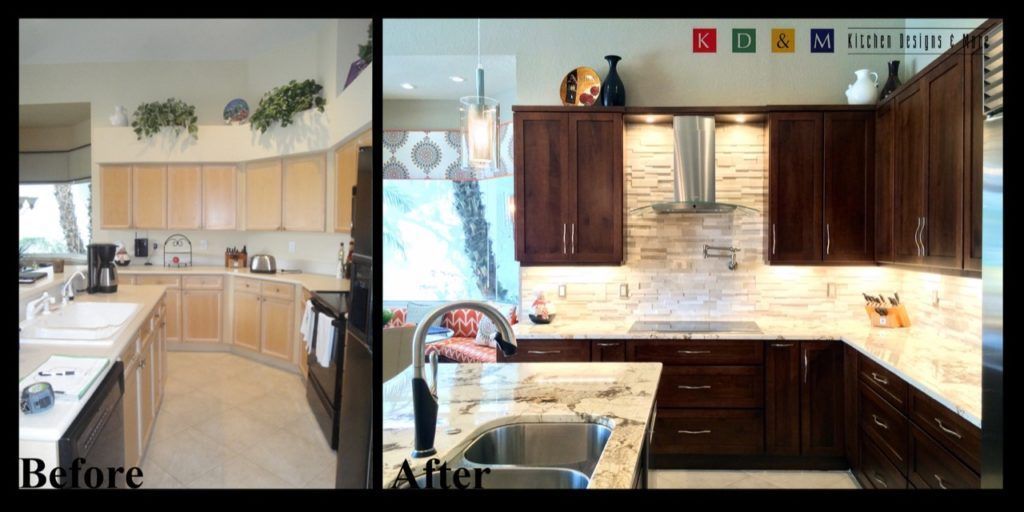 Kitchen before-and-after: dated light cabinets beside a renovated dark-wood kitchen with island and tile backsplash