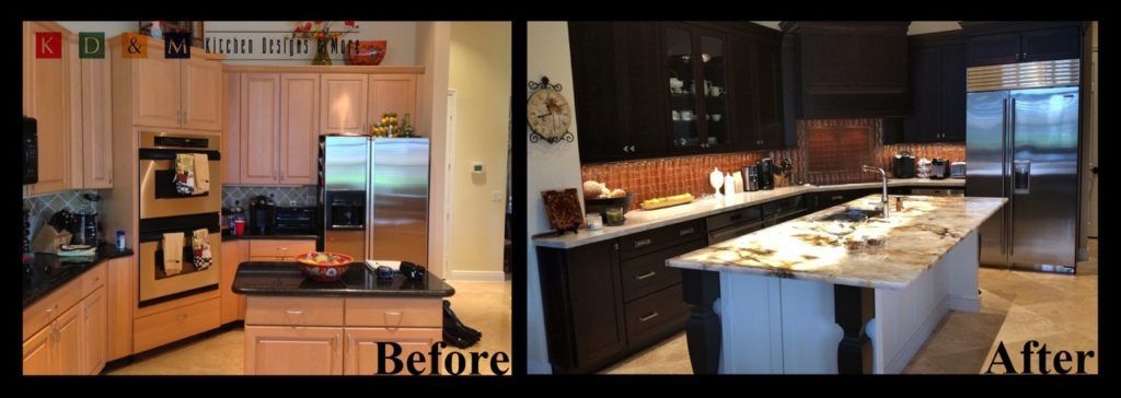 Before-and-after kitchen renovation: dated wood kitchen transforms into a modern white island kitchen.