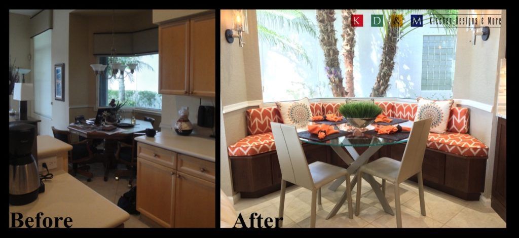 Before-and-after interior renovation: dark kitchen and dining area beside a bright, modern sunroom with orange seating.