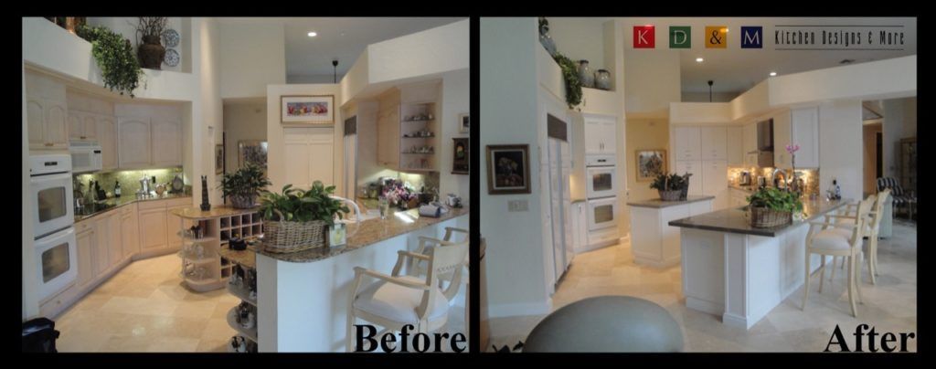 Before-and-after kitchen remodel showing a bright white modern kitchen with island and pendant lights.