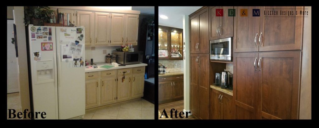 Split before-and-after kitchen cabinets: white kitchen on left, warm wood cabinets on right.