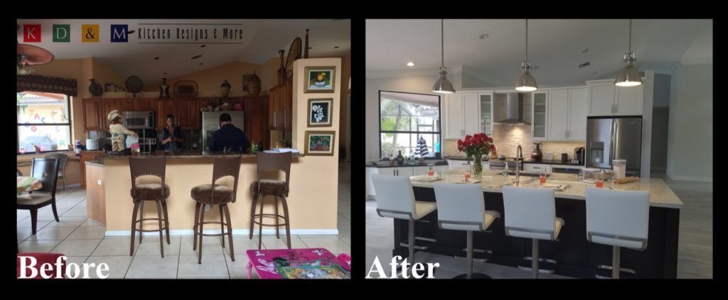 Split-screen before-and-after of a kitchen: cluttered bar area becomes a bright, modern island with stools.