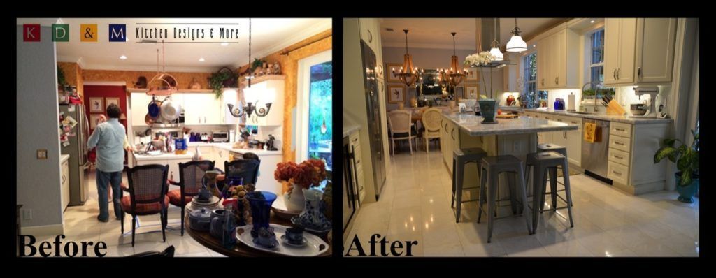 Split-screen of a cafe before and after renovation, showing a cluttered interior and a modern, open space.