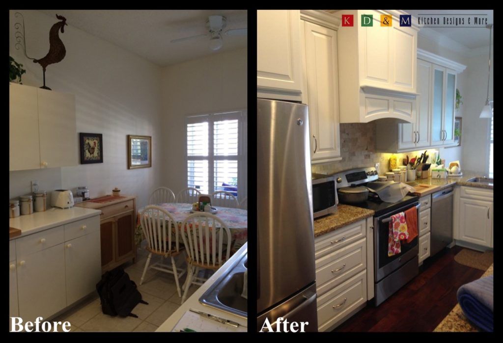 Split view of a kitchen before and after renovation, showing dark cluttered space and bright updated cabinets.