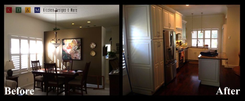 Before-and-after dining room view: bright, cluttered room on left; cleaner hallway and kitchen on right.