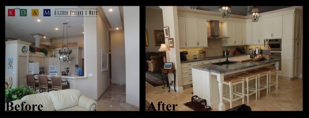 Before-and-after split view of a kitchen renovation, showing a small outdated kitchen beside a larger modern one.