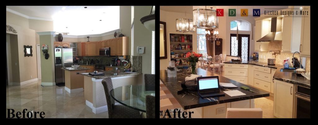 Before-and-after split view of a kitchen remodel, with the updated kitchen brighter and more modern.