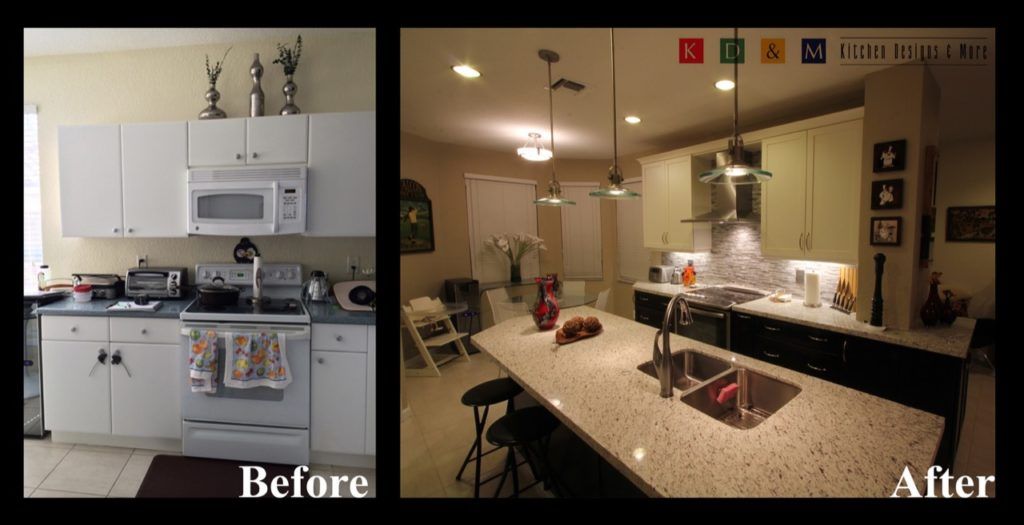 Before-and-after view of a kitchen remodel, showing a plain white kitchen and a warm, modern open kitchen.