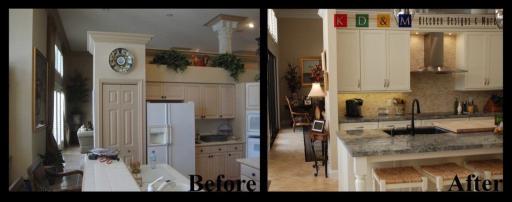 Before-and-after kitchen remodel: cluttered room transformed into bright white kitchen with island.