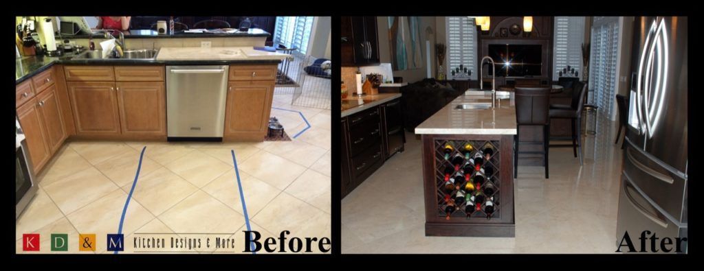 Kitchen island before-and-after: cluttered counter becomes a neat, colorful storage island in a dark kitchen