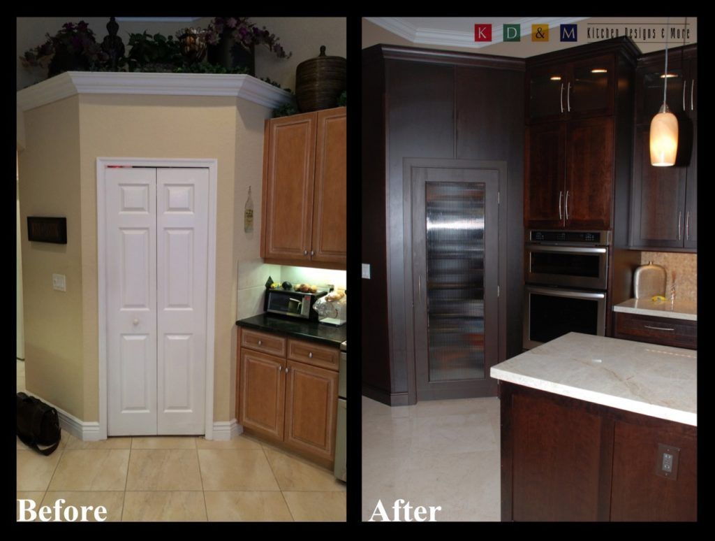 Kitchen before-and-after: white pantry closet replaced by dark built-in cabinets and counter.