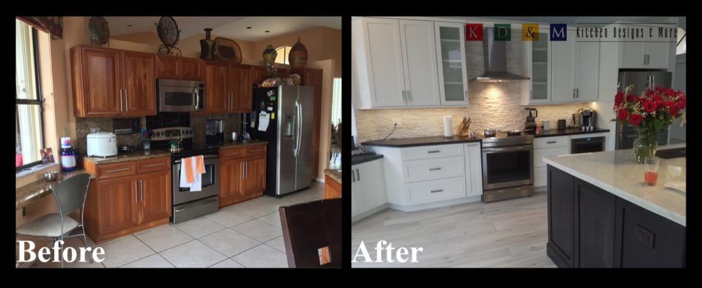 Kitchen before-and-after remodel: dark wood cabinets to bright white cabinets and island.