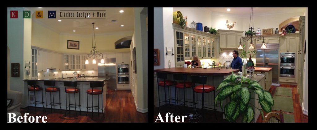 Before-and-after kitchen view: plain room changed to a decorated kitchen with plants and shelves.