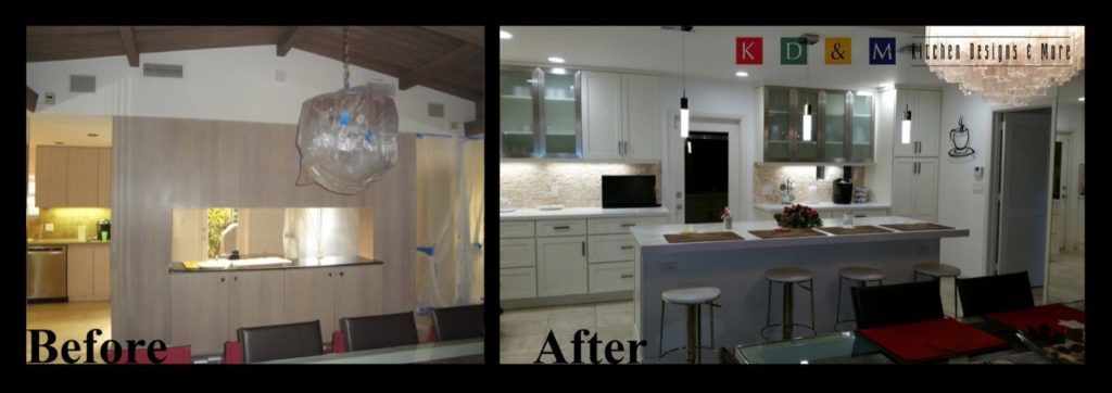 Split before-and-after view of a room renovation, showing a darker old interior and a brighter modern kitchen.