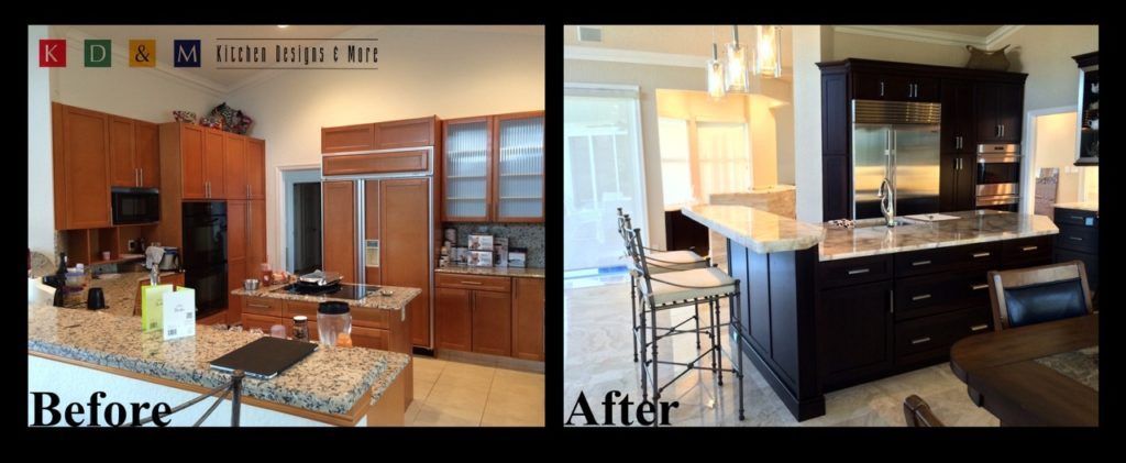 Before-and-after living room: cluttered space transformed into a sleek black entertainment area.