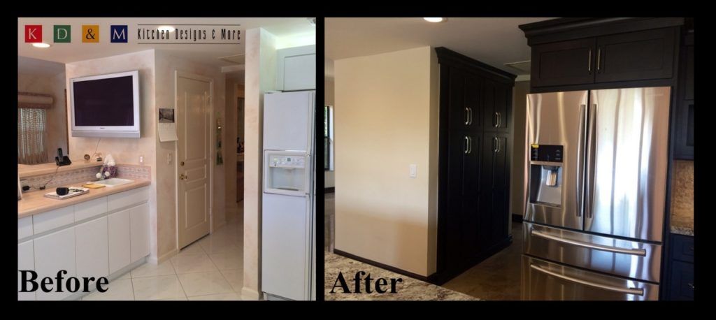 Before-and-after kitchen: white cabinets and beige walls become dark wood cabinets and stainless steel appliances.