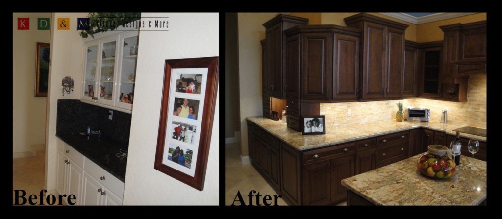 Before-and-after kitchen remodel showing dark cabinets transformed into a warm, modern kitchen.