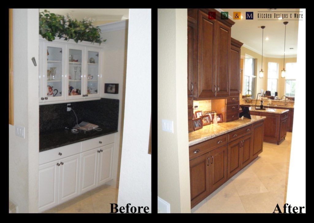 Before-and-after kitchen cabinet remodel: white built-ins replaced with warm wood cabinetry.