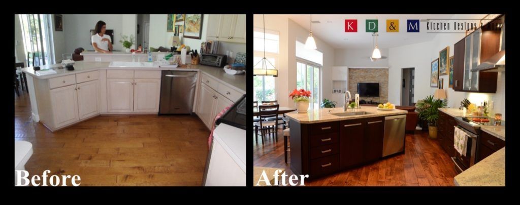 Before-and-after kitchen renovation: dated white kitchen beside updated modern kitchen with island and warm wood floor