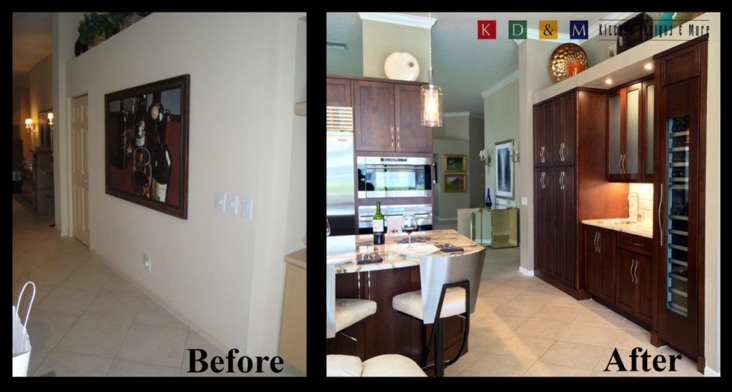 Before-and-after home interior: plain hallway wall transformed into a bright kitchen-dining area with wood cabinets.