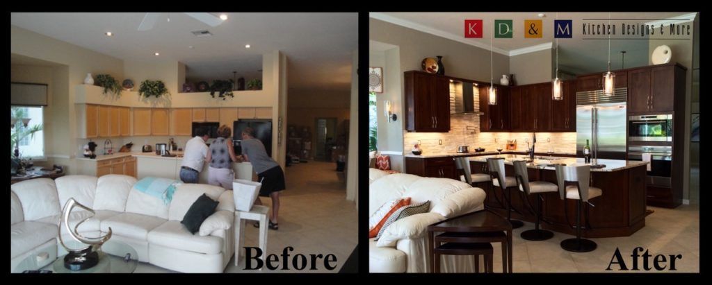 Split-screen before-and-after of a living room redesigned into a modern kitchen and bar area