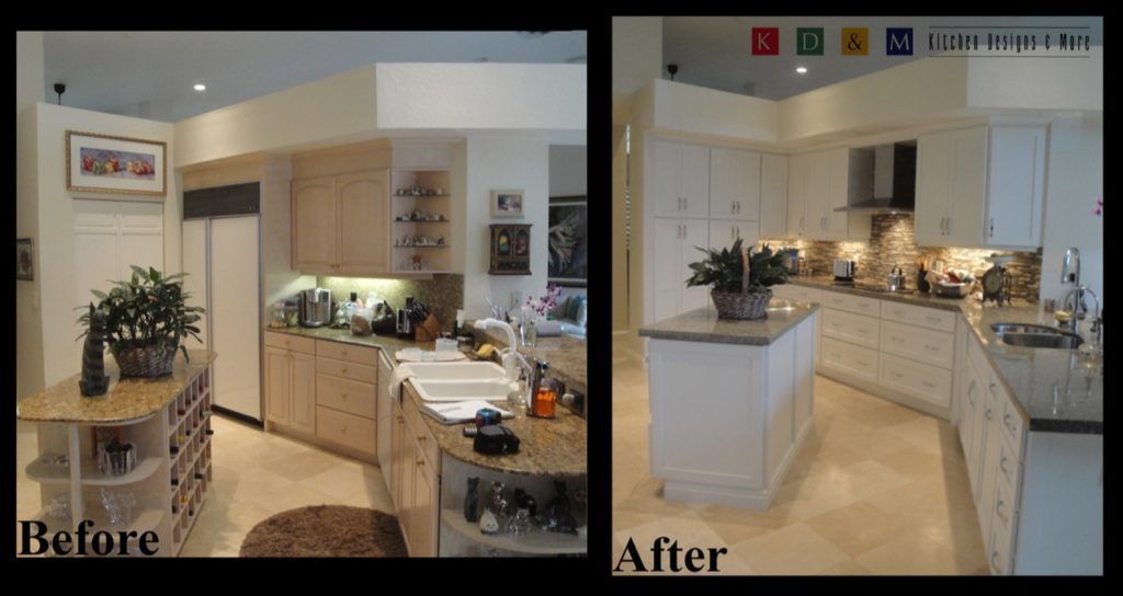 Before-and-after view of a kitchen remodel, showing a darker old kitchen beside a bright white updated one.
