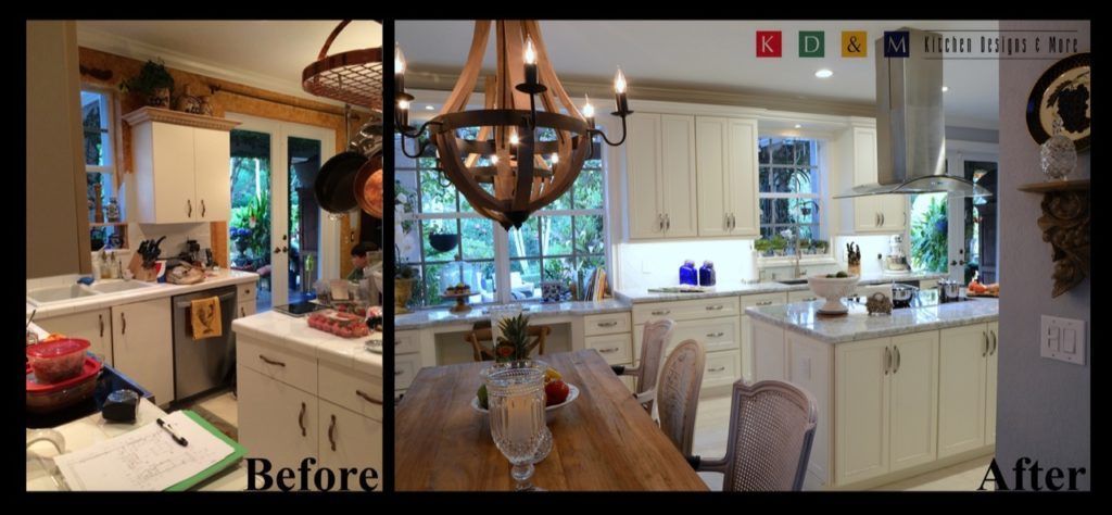 Before-and-after kitchen: dark, cluttered room transformed into a bright white kitchen with island.