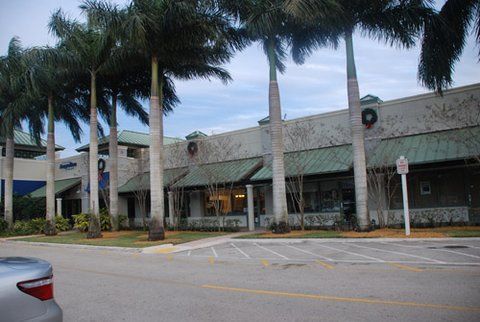 Palm-lined commercial building with storefronts and a mostly empty parking lot