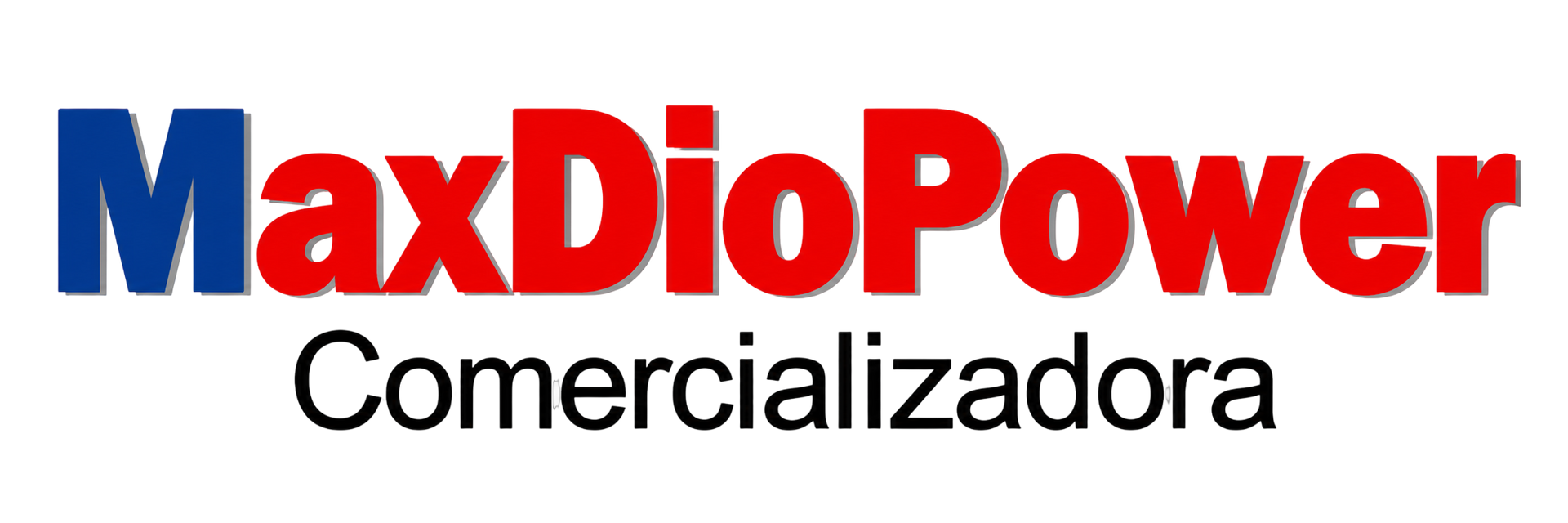 Logotipo de MaxDioPower Comercializadora en texto azul y rojo sobre fondo blanco