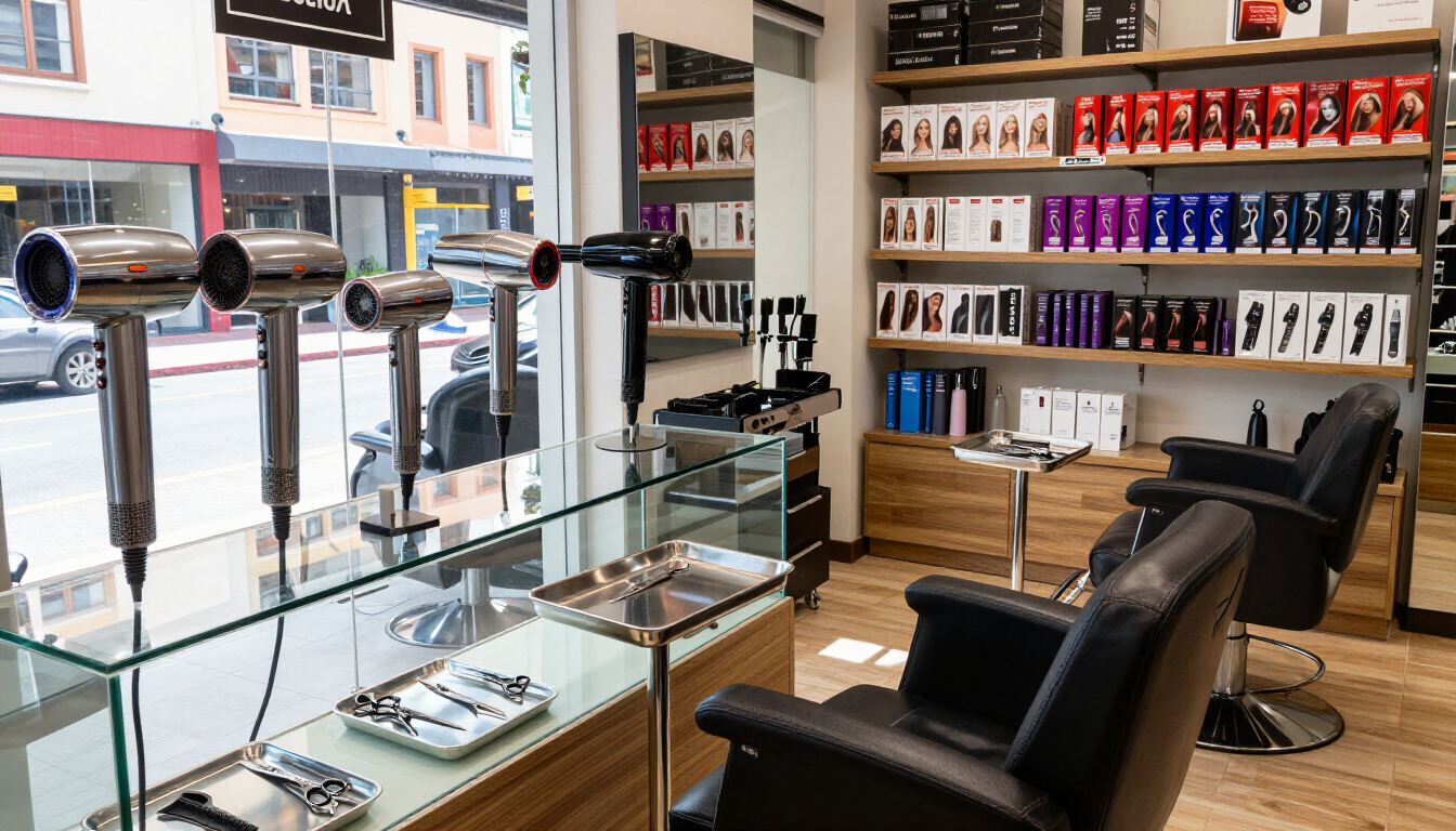 Interior de una barbería con sillas negras, mostrador de cristal y estantes con productos para el cabello junto a la ventana.