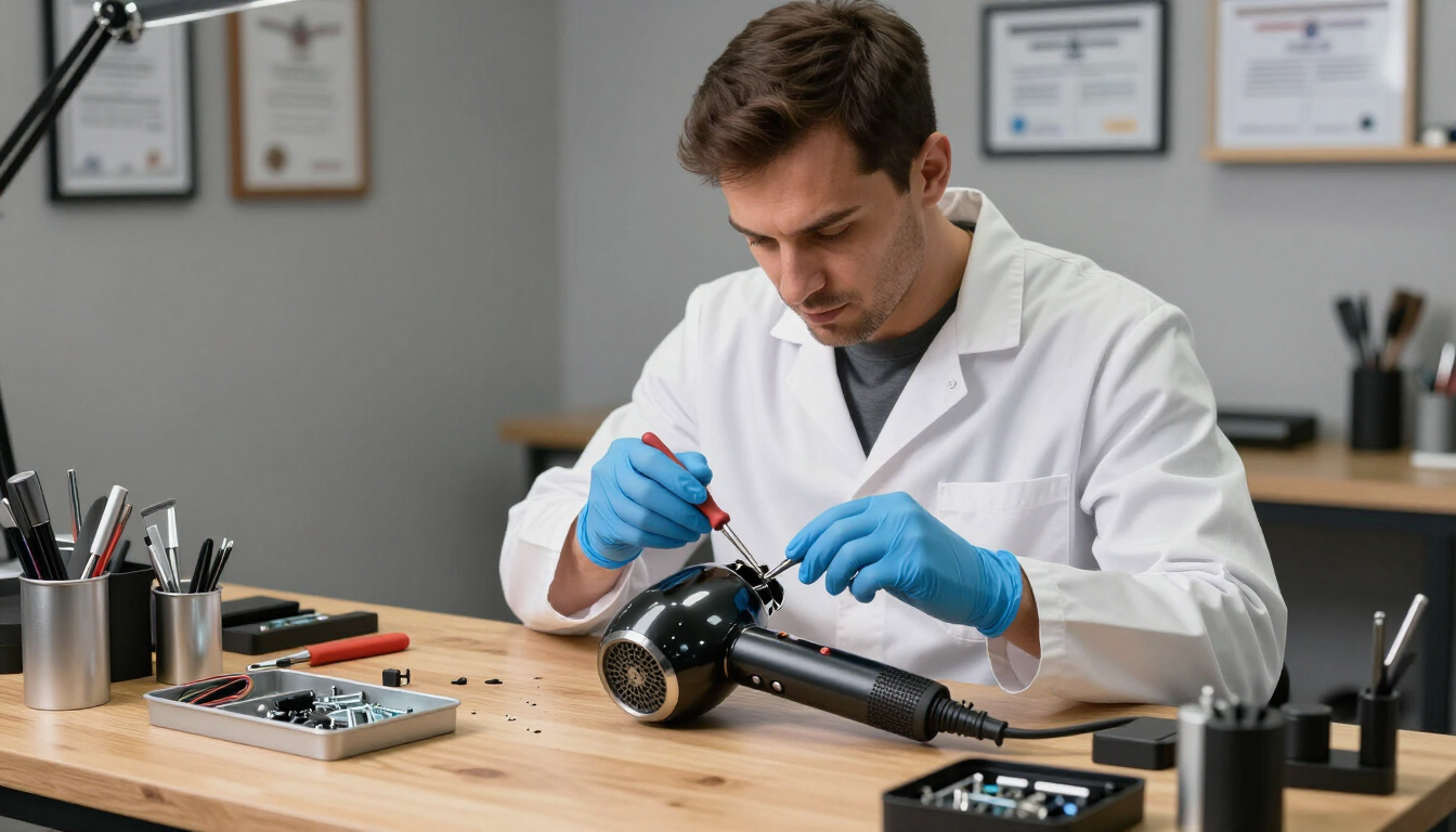 Técnico con bata blanca y guantes azules reparando un reloj en un banco de trabajo.
