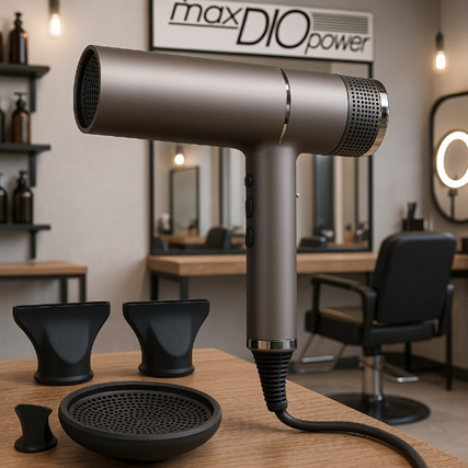 Secador de pelo elegante sobre mostrador de peluquería con difusor y boquillas en un moderno estudio de estilismo.