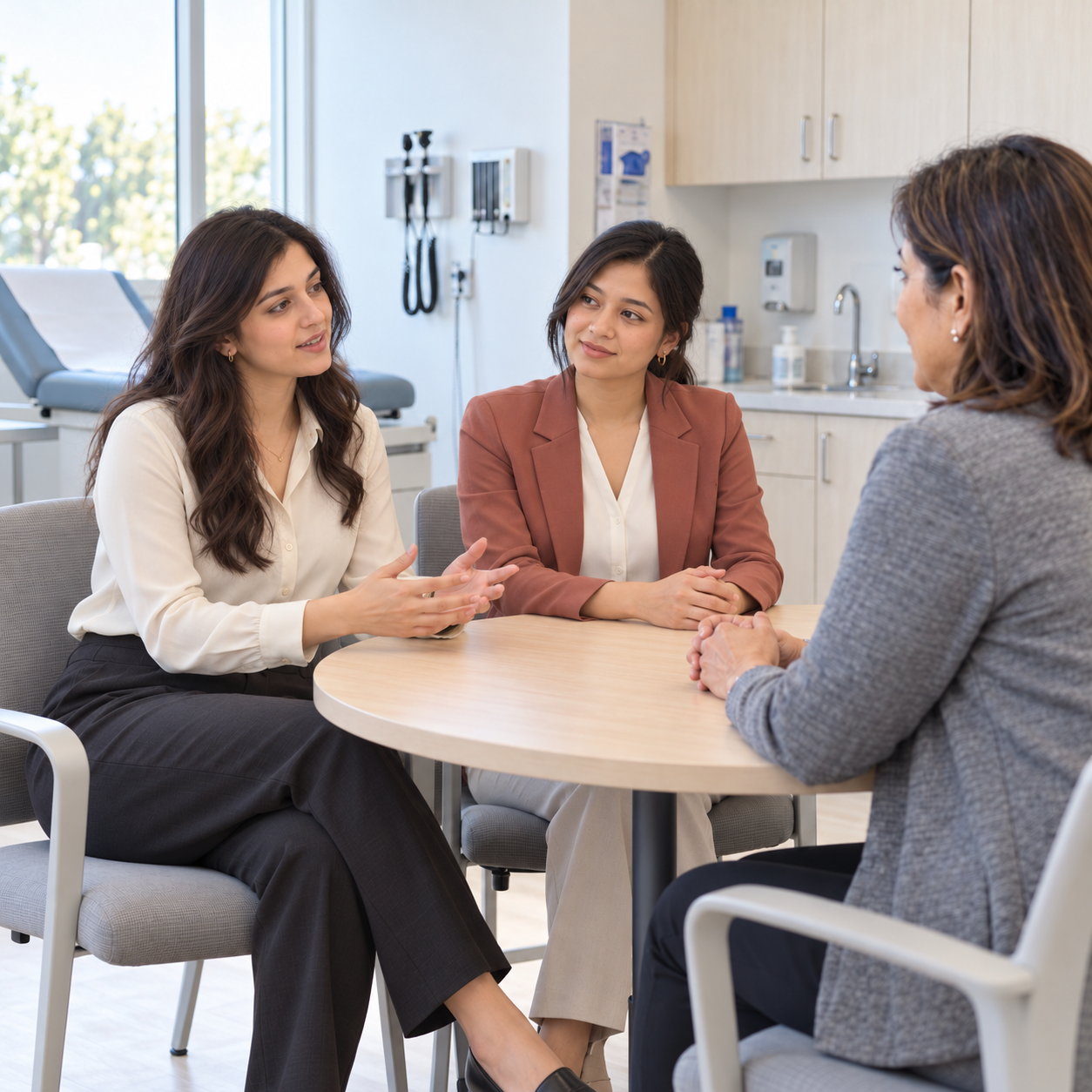 Two young women consultants speaking with a clinic owner around a table in a bright healthcare setting.