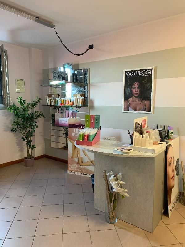 Il bancone della reception di un salone di bellezza, con scaffali per i prodotti, piante decorative, un poster e pannelli a parete di colore chiaro.