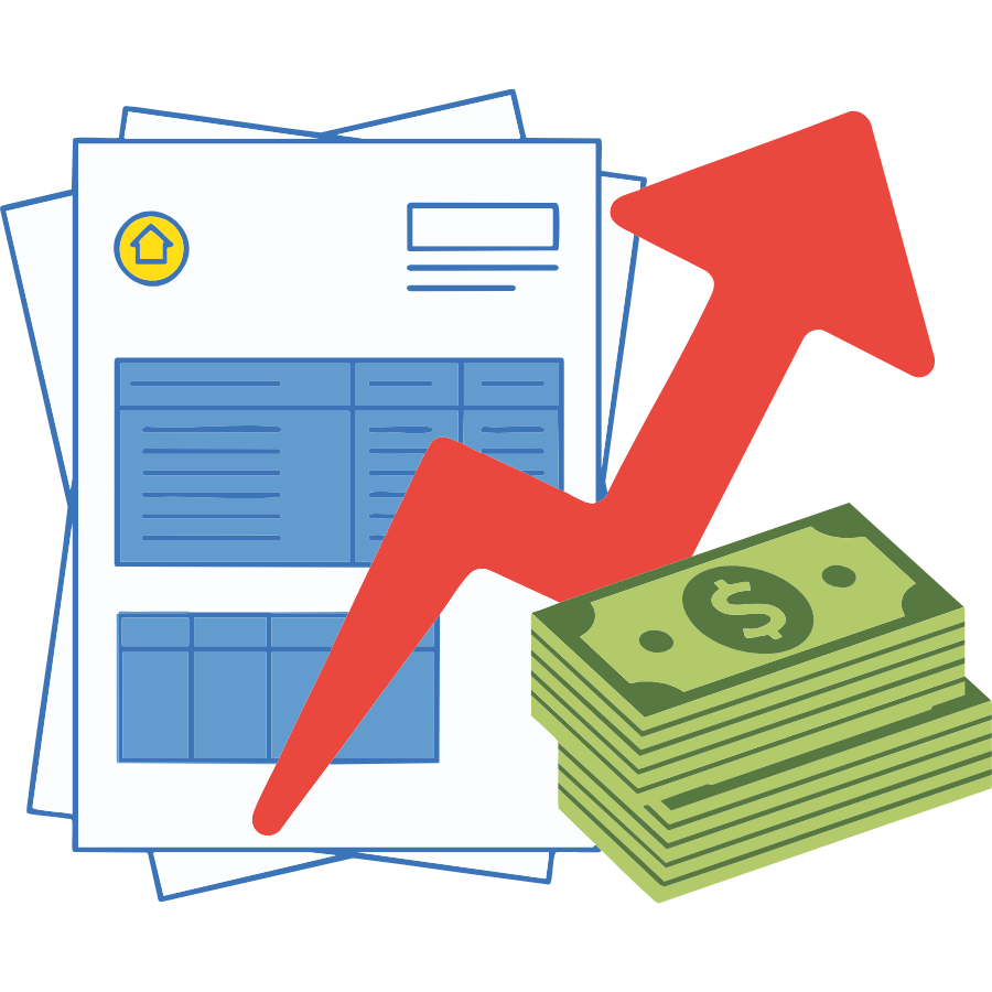Rising cost of living depicted with a bill, cash, and upward pointing red arrow.