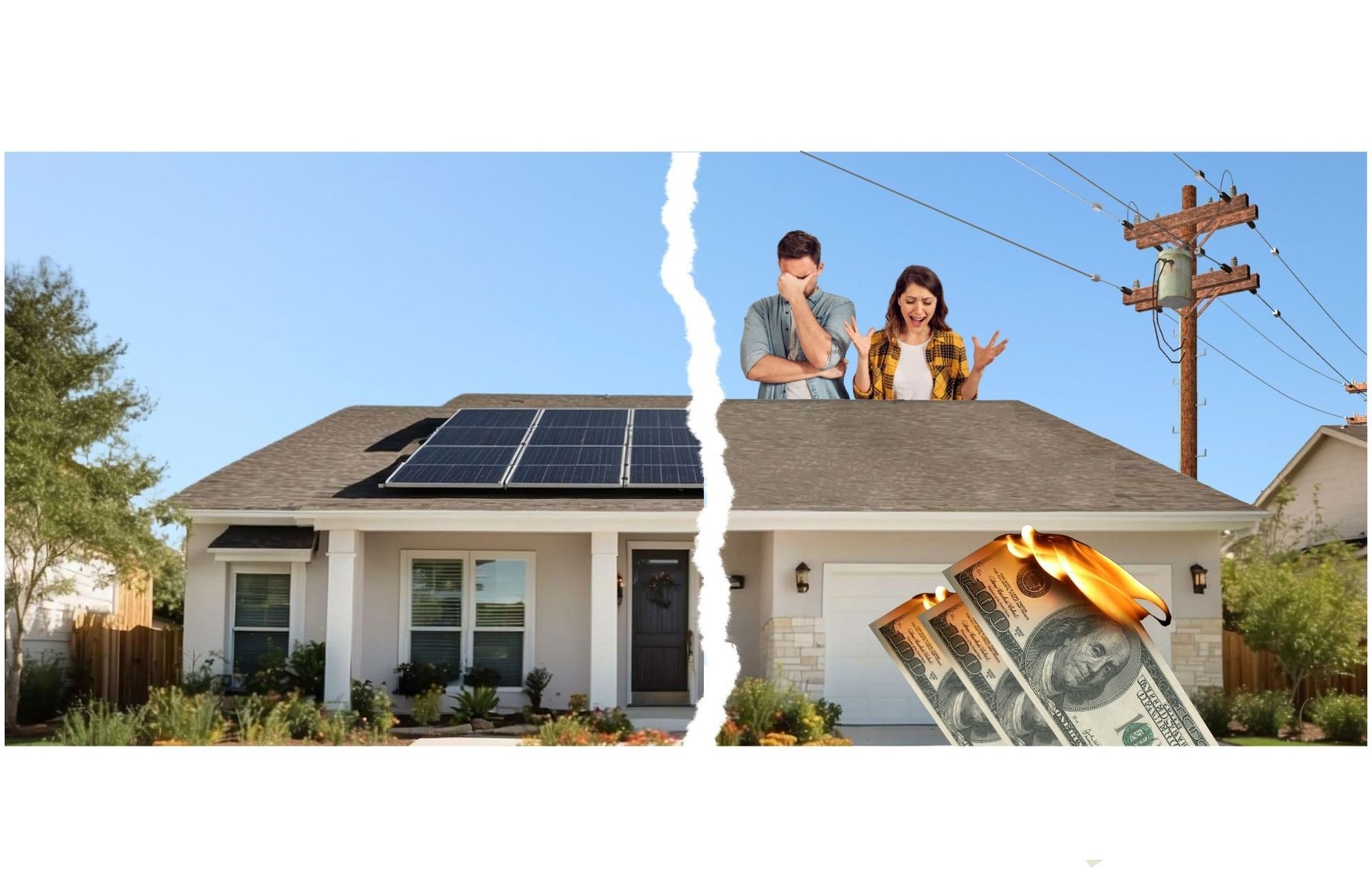 House split in two: solar panel side, traditional power side with burning money, couple on the roof looking concerned.
