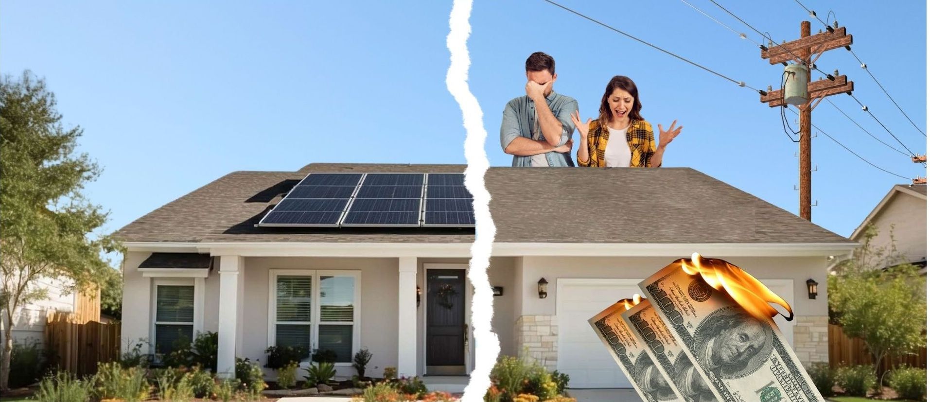 House with solar panels vs. house with couple and burning money, divided by a ripped line.